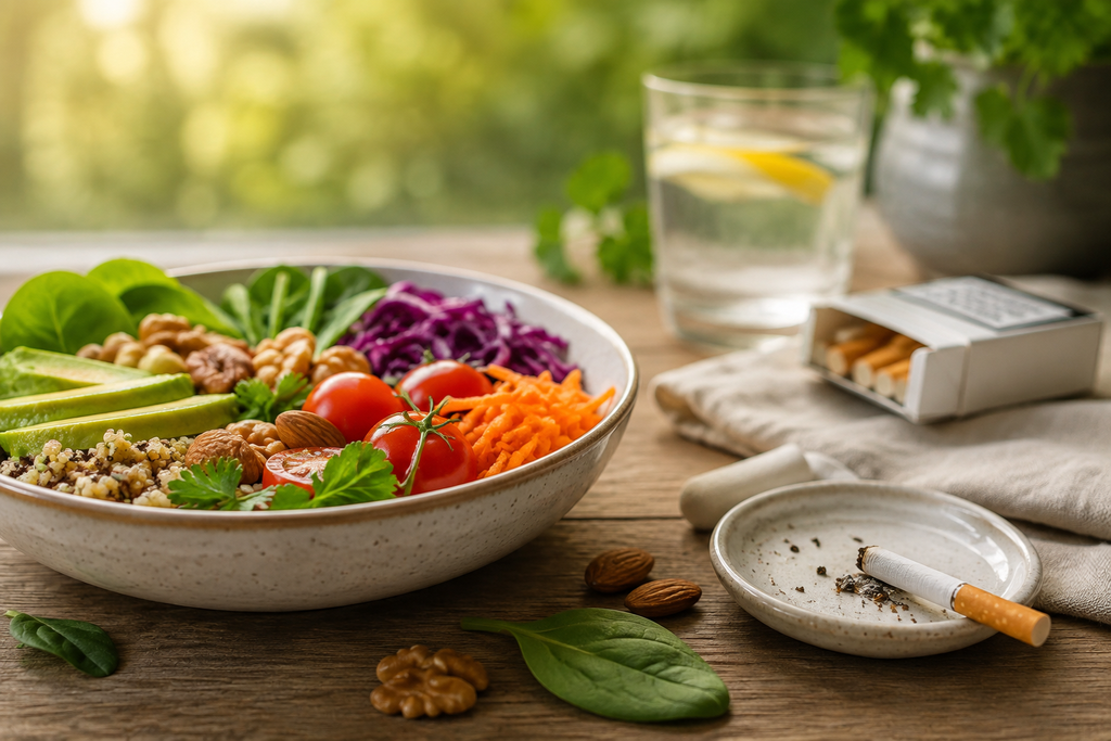 Assiette saine et colorée à côté d’une cigarette éteinte, illustrant le lien entre alimentation et arrêt du tabac.